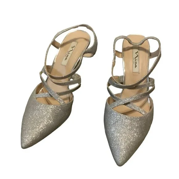 Nina Cianna Platino Glitter Pumps Women 11‎ Silver Strappy Pointed Toe Leather - Picture 2 of 9